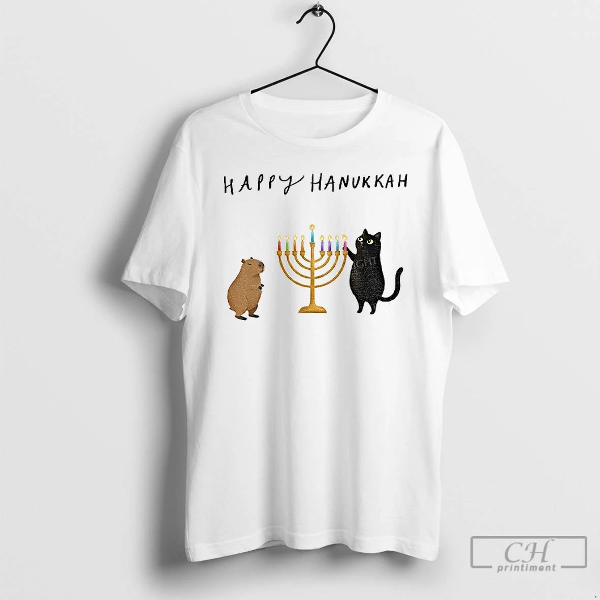 Classic Capybara And Black Cat Light Hanukkah Candles Happy Chrismukkah Christmas T Shirts