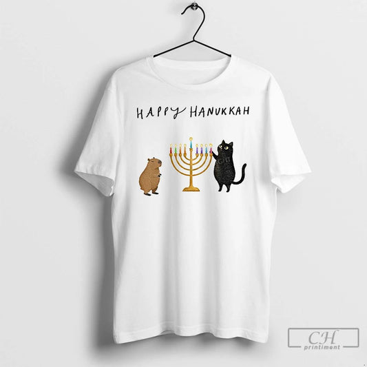 Classic Capybara And Black Cat Light Hanukkah Candles Happy Chrismukkah Christmas T Shirts
