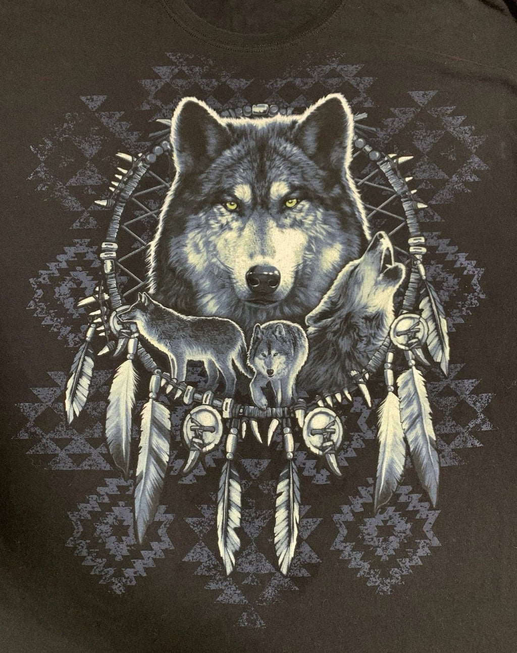 Fruit Of The Loom Mens Wolf Graphic T Shirt 2XL Black Dreamcatcher South Western