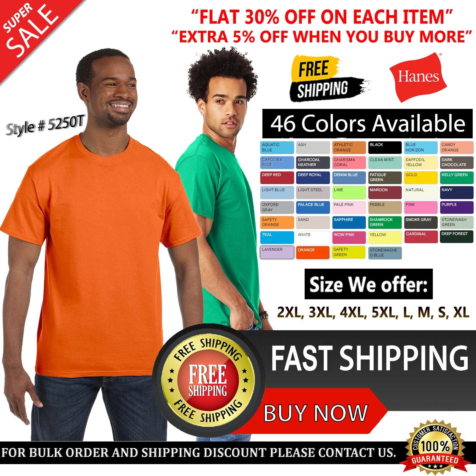 Hanes Mens 100% Cotton Authentic-T T-Shirt Crew Neck T Shirt - 5250T S-2XL
