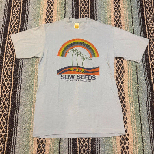 Vintage Velva Sheen Camp Bethel Sow Seeds T-Shirt Blue 80s Graphic Tee Mens M