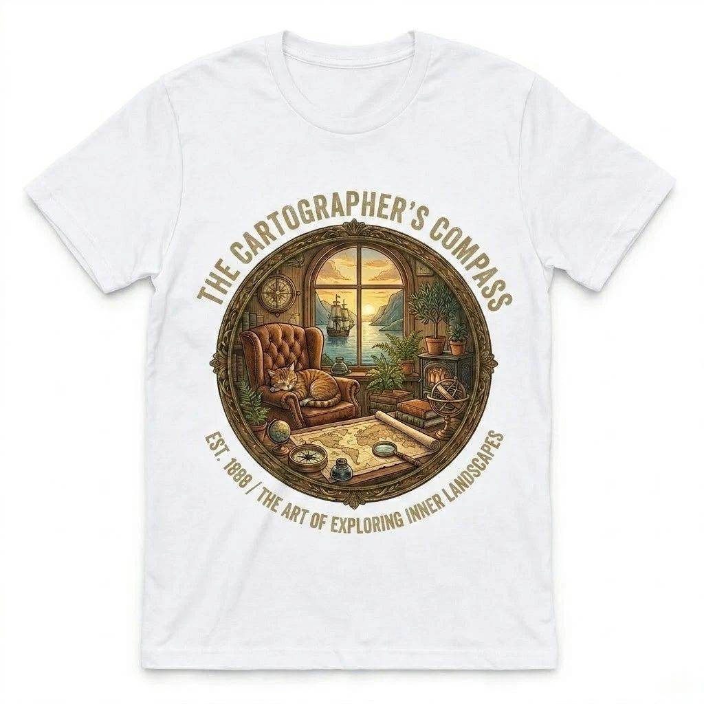 Cartographer's Compass T-Shirt Vintage Map Cat Explorer Est 1888 Graphic Tee