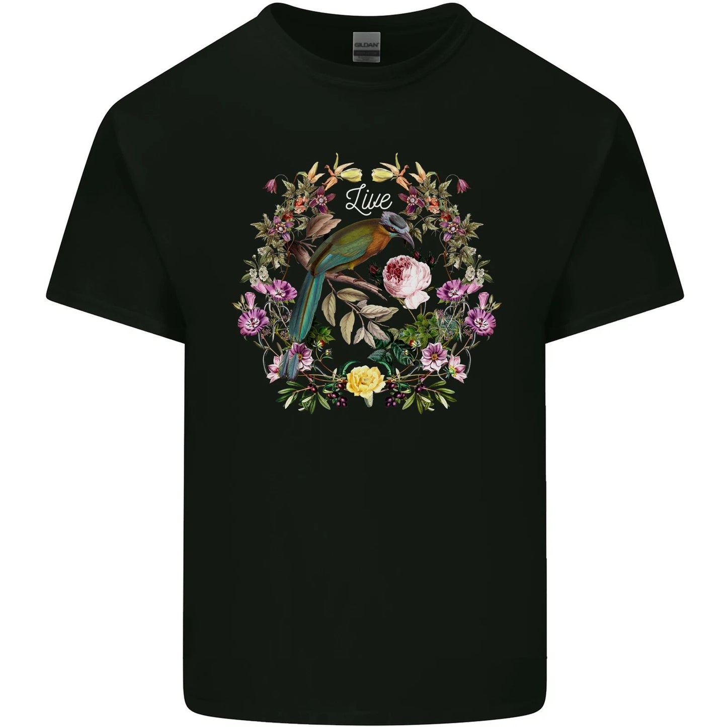 A Bird and Flower Wreath Mens Cotton T-Shirt Tee Top
