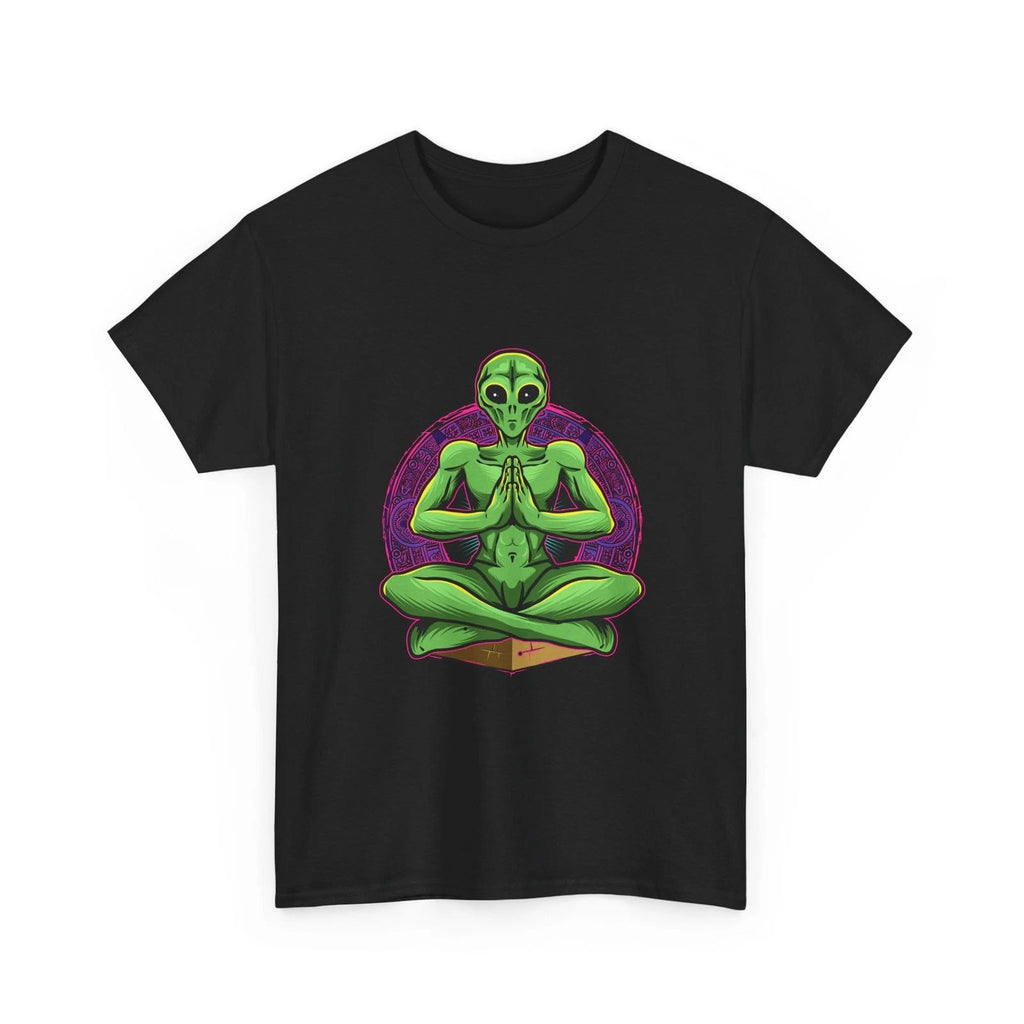 Meditating Alien Tee | Cosmic Yoga, Green Extraterrestrial Graphic, Cool Shirt