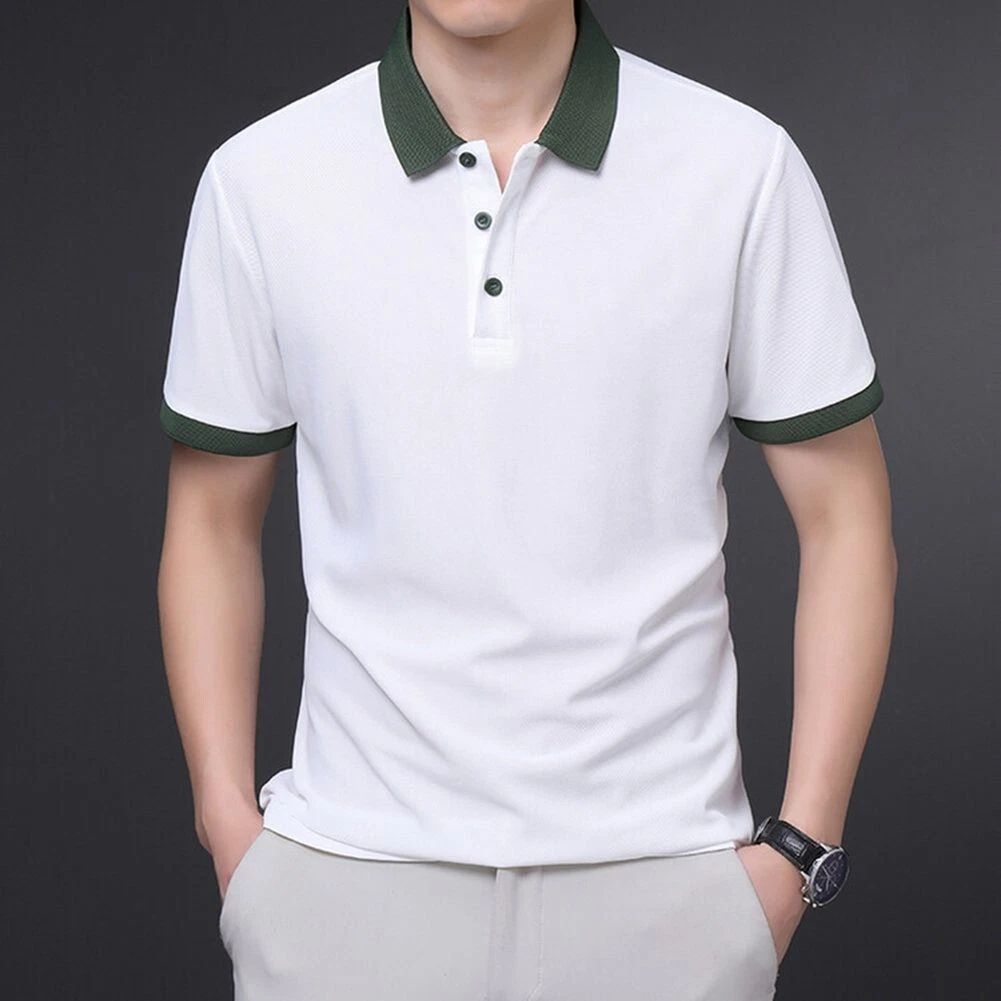 Trendy Mens Lapel Shirts Color Patchwork Comfortable Summer Business Casual Tops