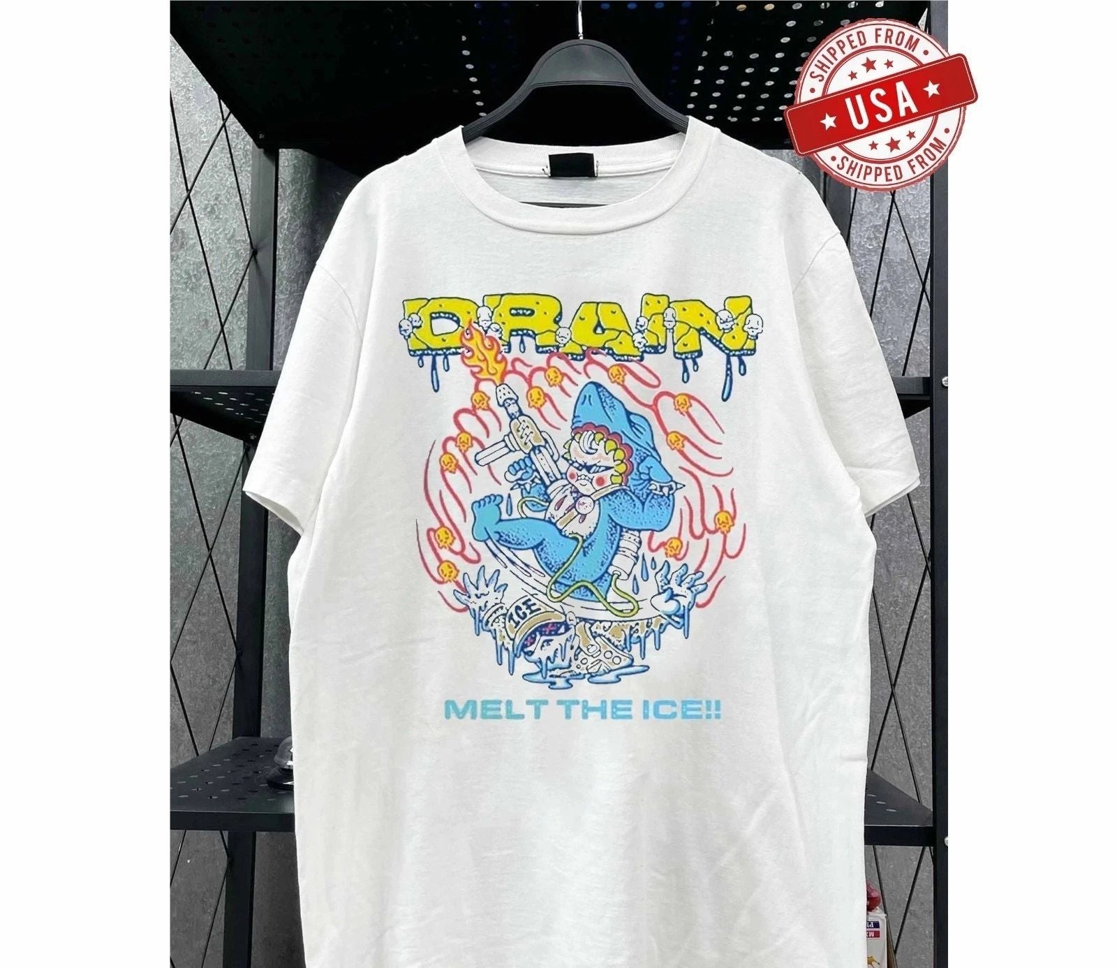Drain Melt The Ice Graphic White Streetwear Band T-Shirt Unisex Tee