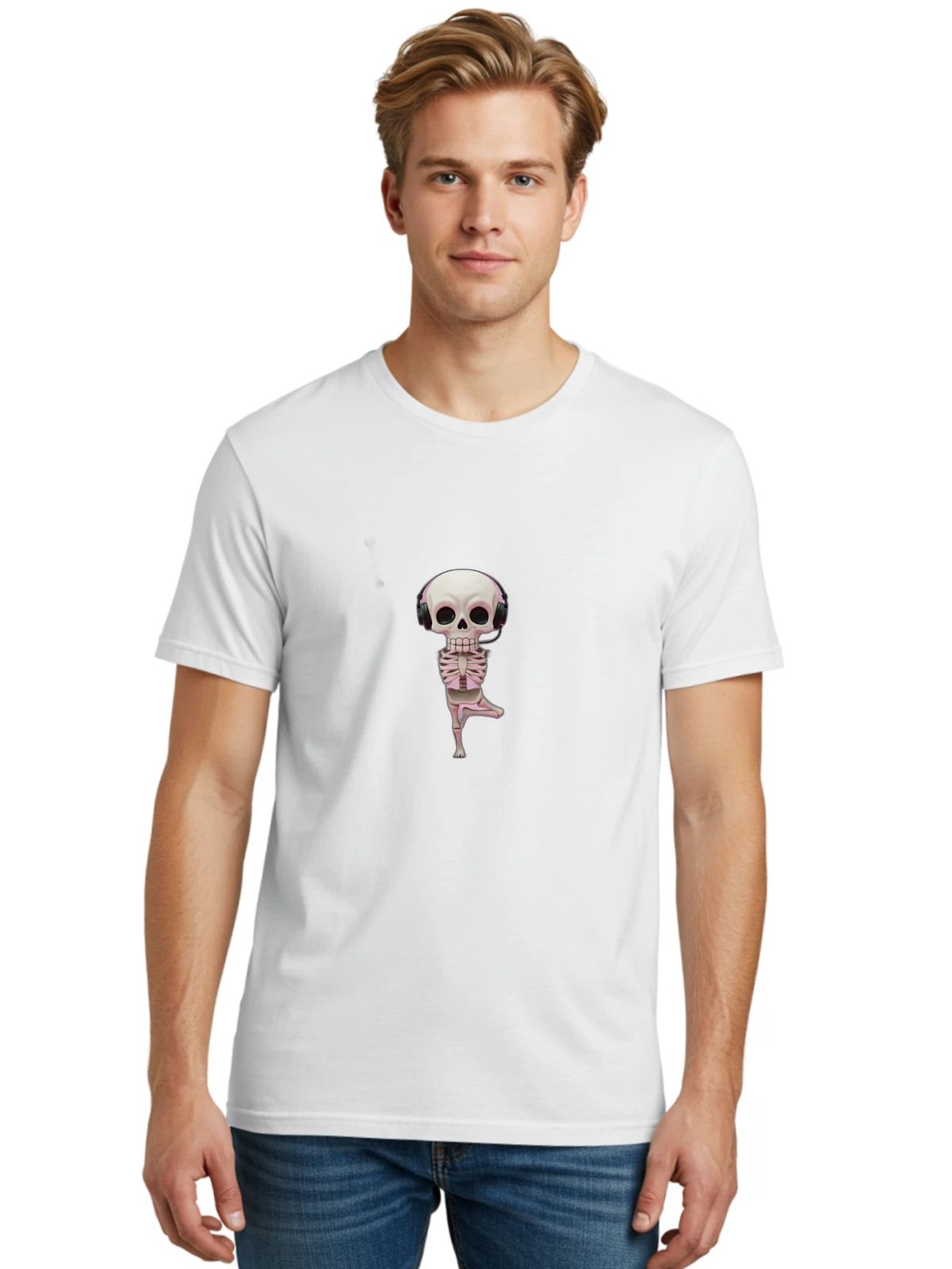 Skeleton-Headphones-Yoga-Pose Mens Graphic Tee, 100% Cotton, Casual Summer Wear