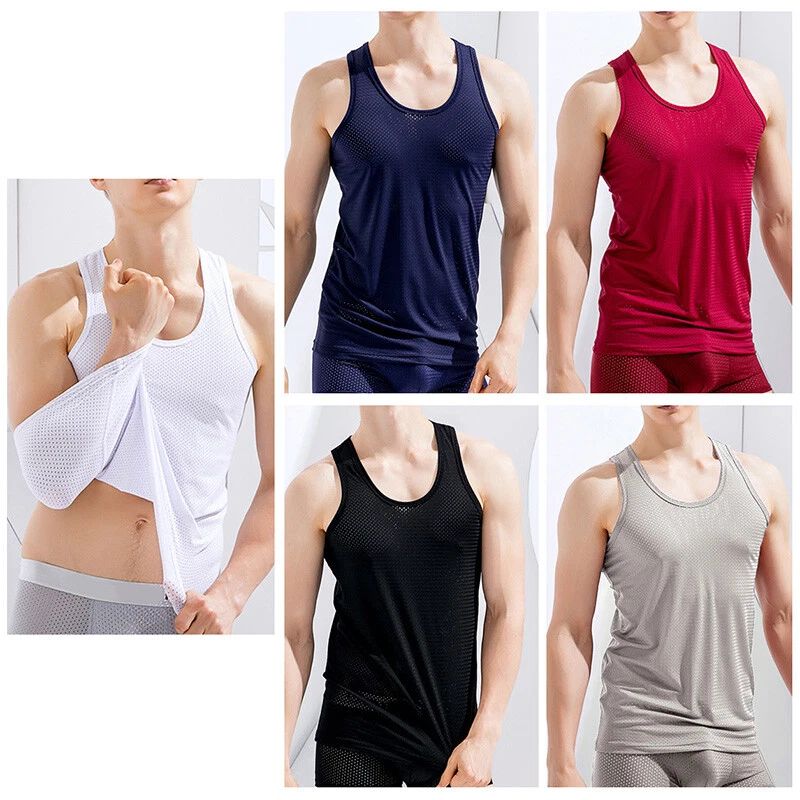 Mens Ice Silk Vest Quick Dry ? Sleeveless T-Shirts Eyelet Mesh Thin ▽