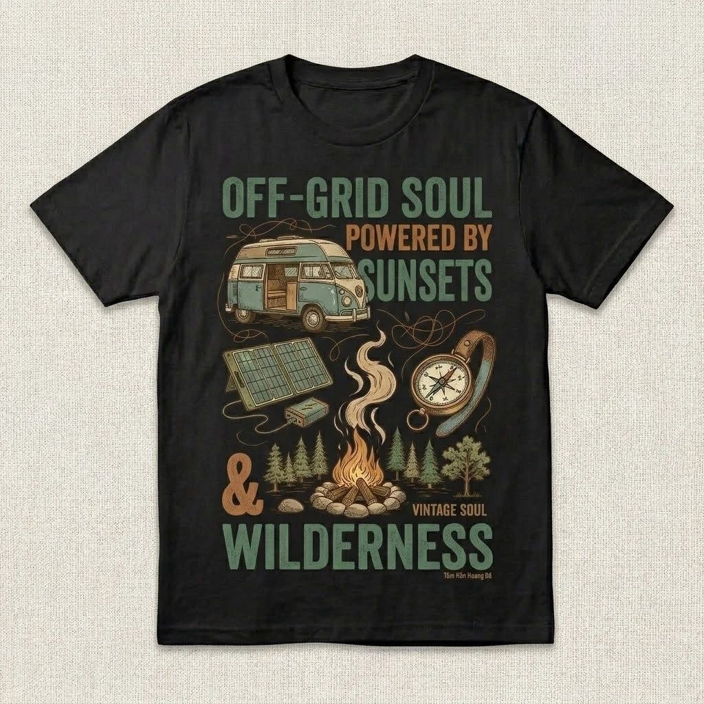 Off-Grid Soul T-Shirt Vintage Camper Van Sunset Wilderness Outdoor Camping Tee