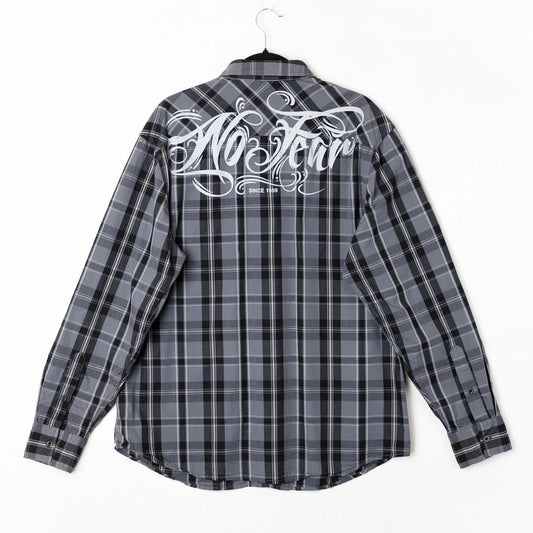 Y2K No Fear Born To Ride Plaid Shirt XL Grey Black Cotton Long Sleeve