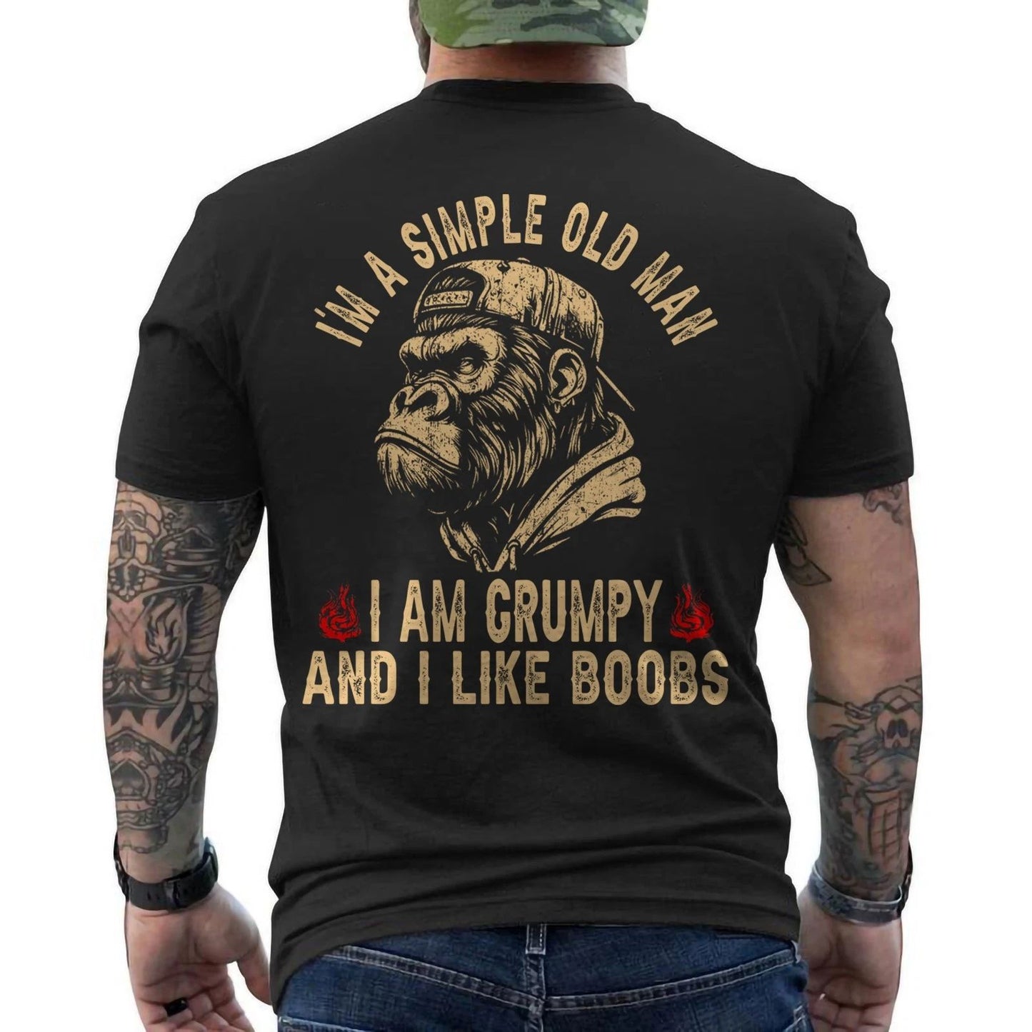 I'm A Simple Old Man I Am Grumpy and I Like Boobs Funny Monkey Saying ON BACK