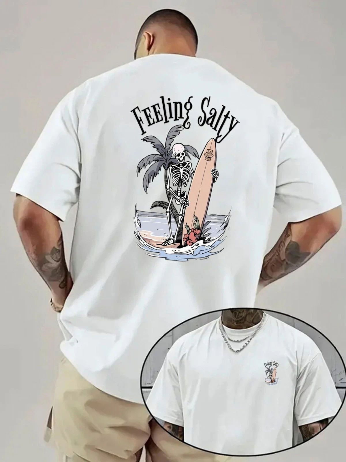 Men's Surfing T-Shirt with Surfboardable Skeleton & Palm Tree Back Print, 'Fee