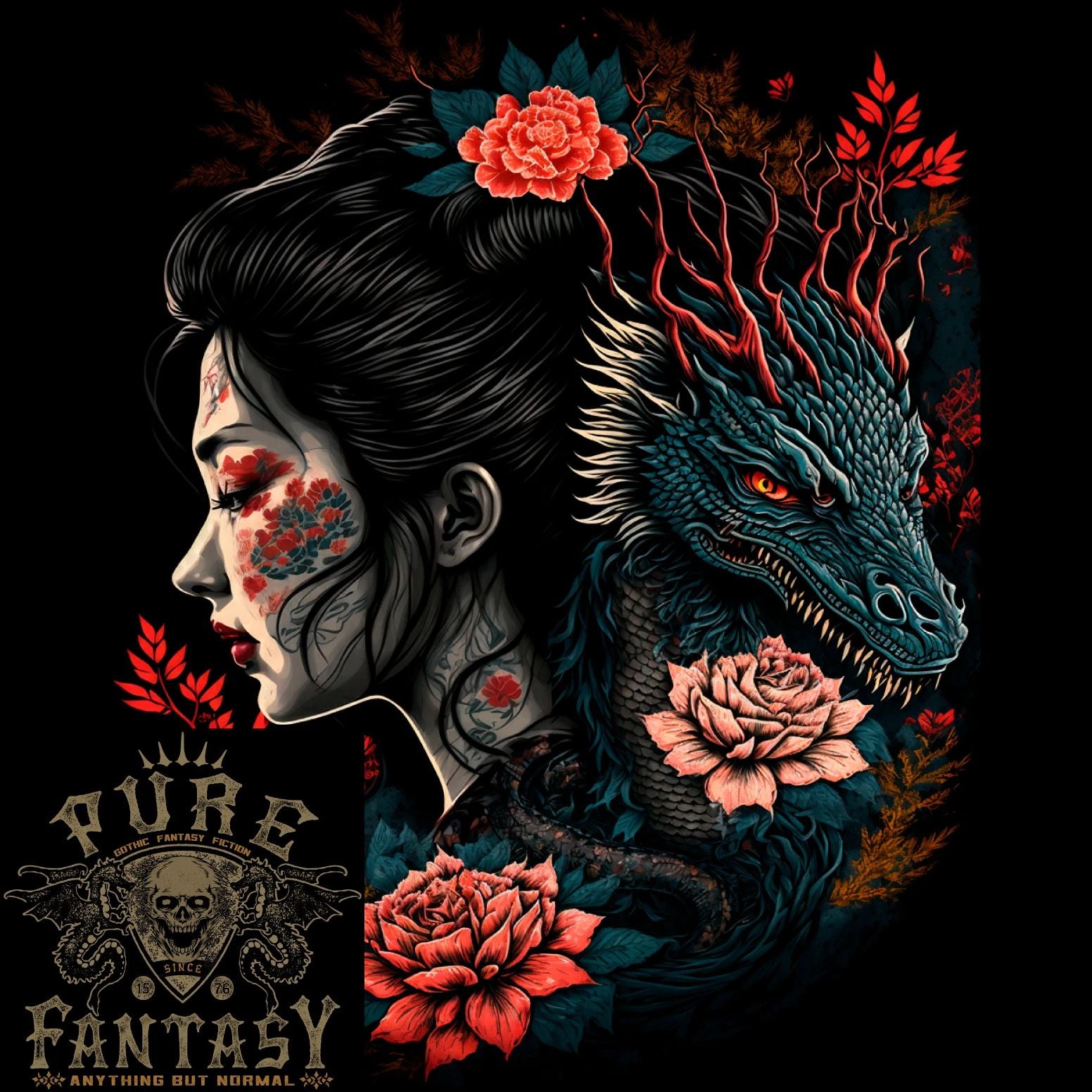 Fantasy Geisha Girl With Dragon & Roses Mens Light Cotton T-Shirt