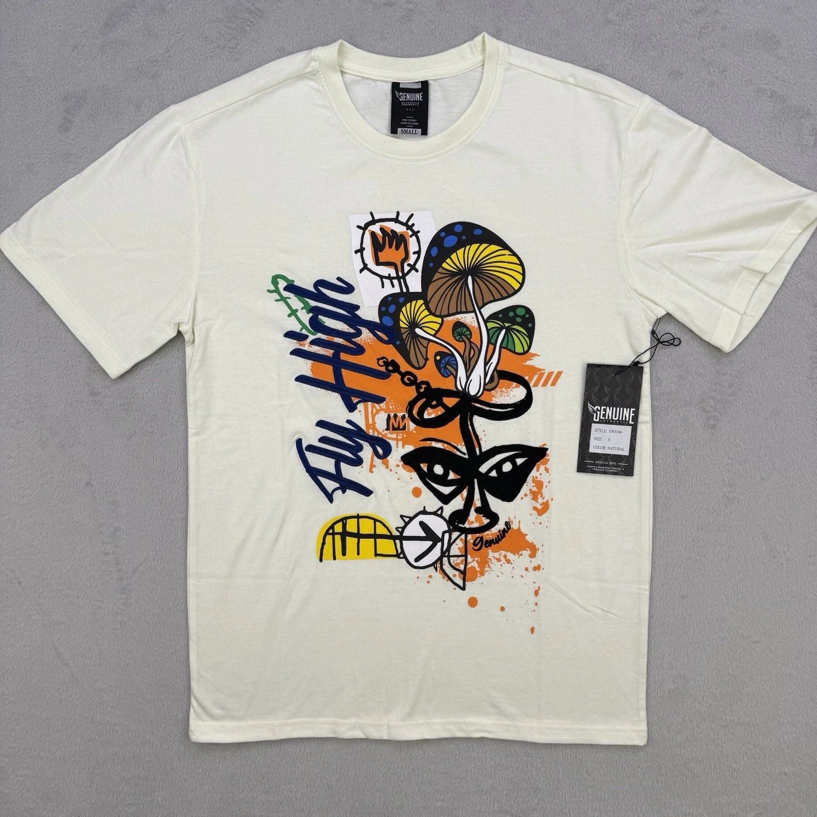 Genuine Authentic T Shirt Men Small Fly High Natural Mushroom Graphic Streetwear