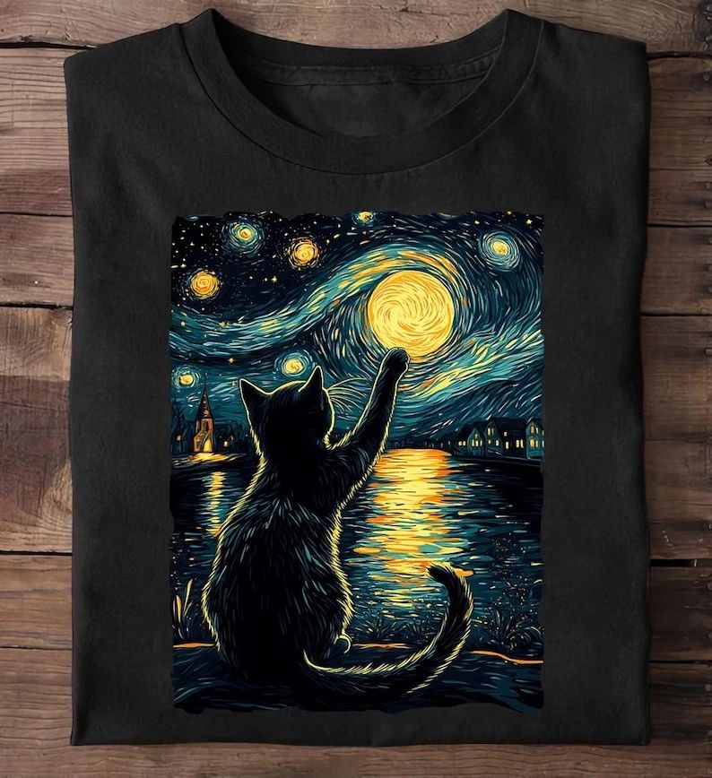 Starry Night Cat T-Shirt: Vincent Van Gogh Style, Black Cat Lover Gift TShirt