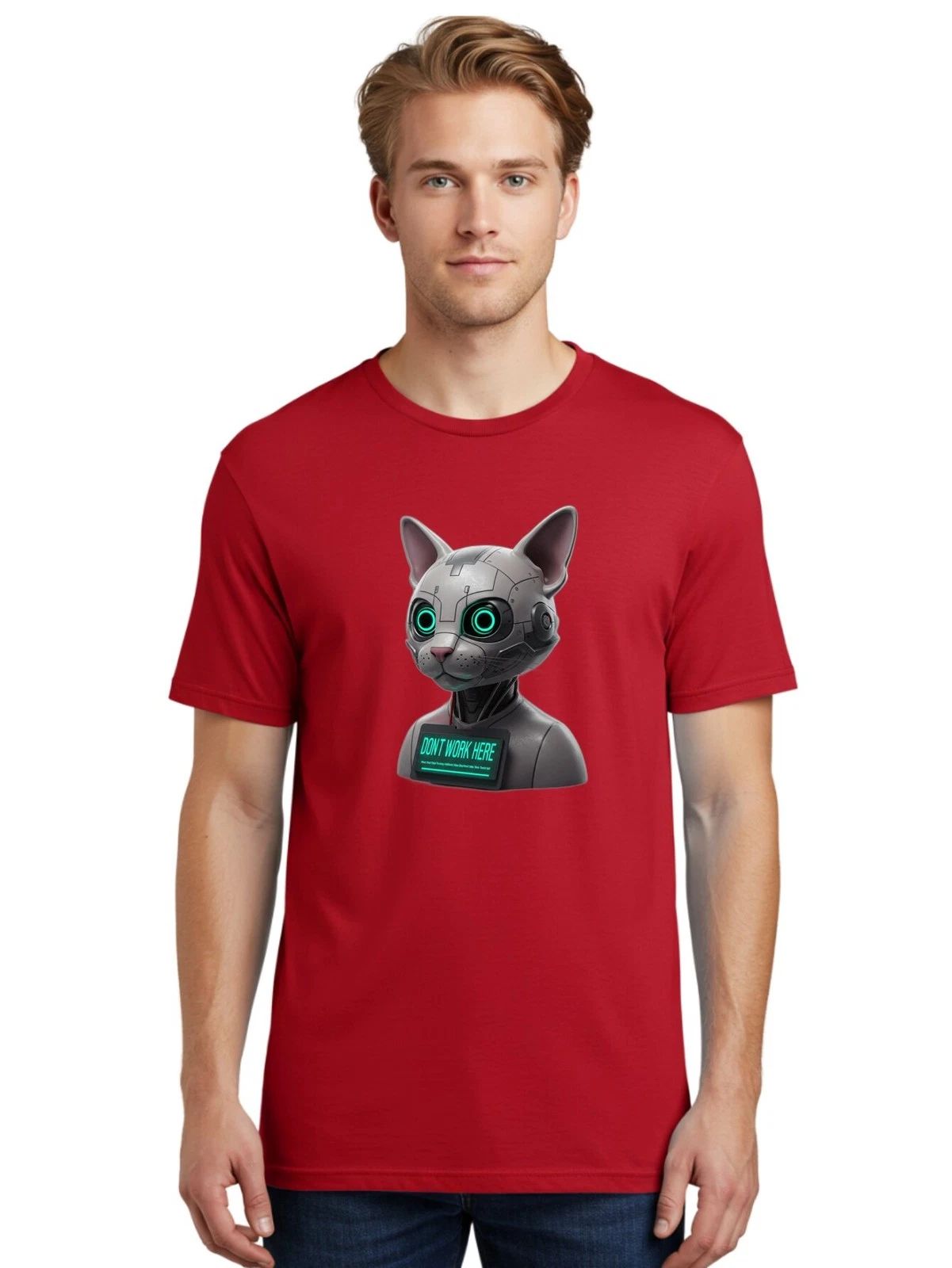 Robotic-Cat-Bust Mens Graphic Tee, 100% Cotton, Casual Summer Wear