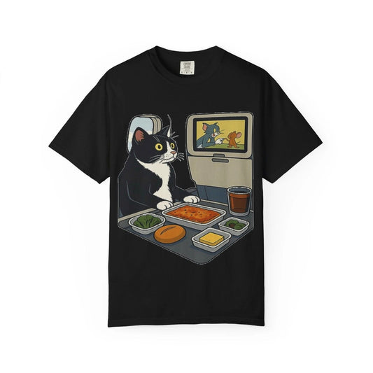 Funny Cat Airplane Travel T-Shirt – Cartoon Flight Feast & Laughs Tee