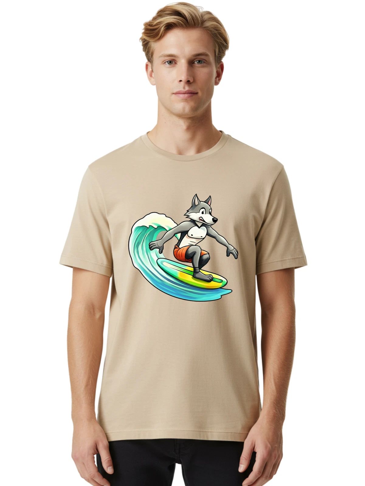 Surfing-Wolf-3 Mens Graphic Tee, 100% Cotton, Casual Summer Wear