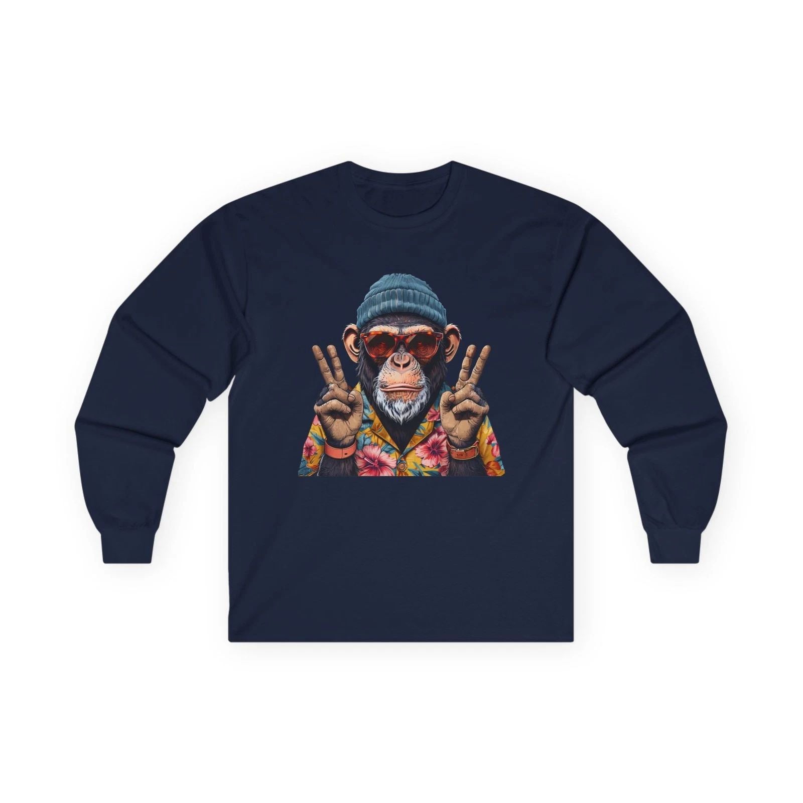 Peace Sign Monkey Long Sleeve Tee — Colorful Retro Chimp Graphic