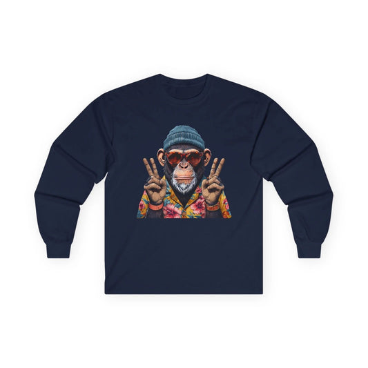 Peace Sign Monkey Long Sleeve Tee — Colorful Retro Chimp Graphic