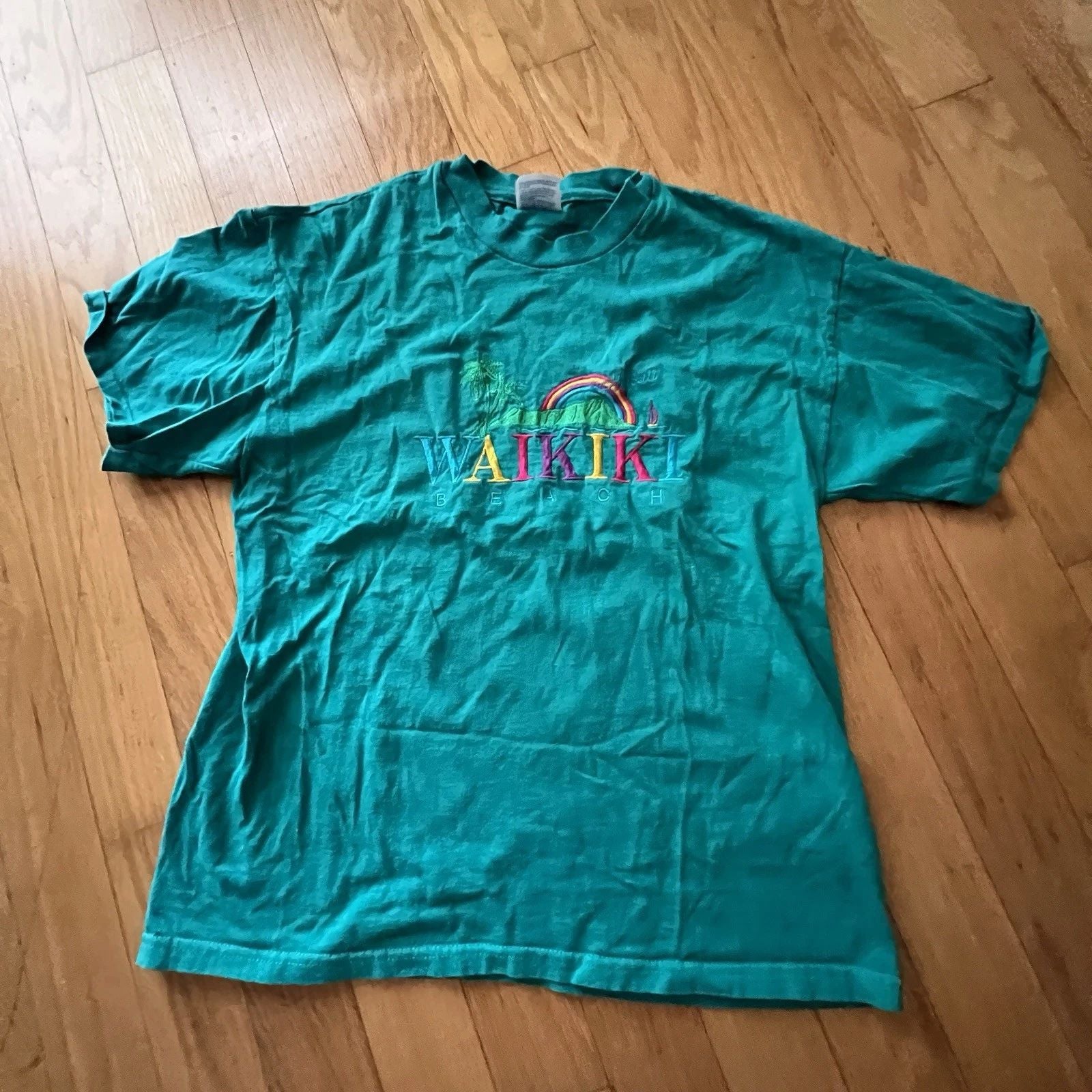 Vintage Large 90s Waikiki Hawaii Shirt Oneita USA Surf Embroidered Palm Rainbow