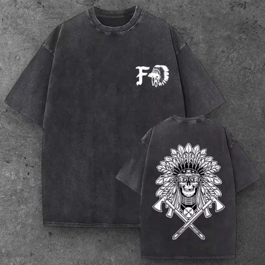 Mens War Bonnet Skull Tomahawk Oversized T Shirt Black Grunge Aesthetic S-2XL
