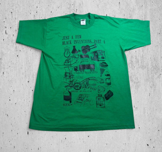 Vintage Blank Inventions Green Fruit Of Loom Black History Shirt size XL