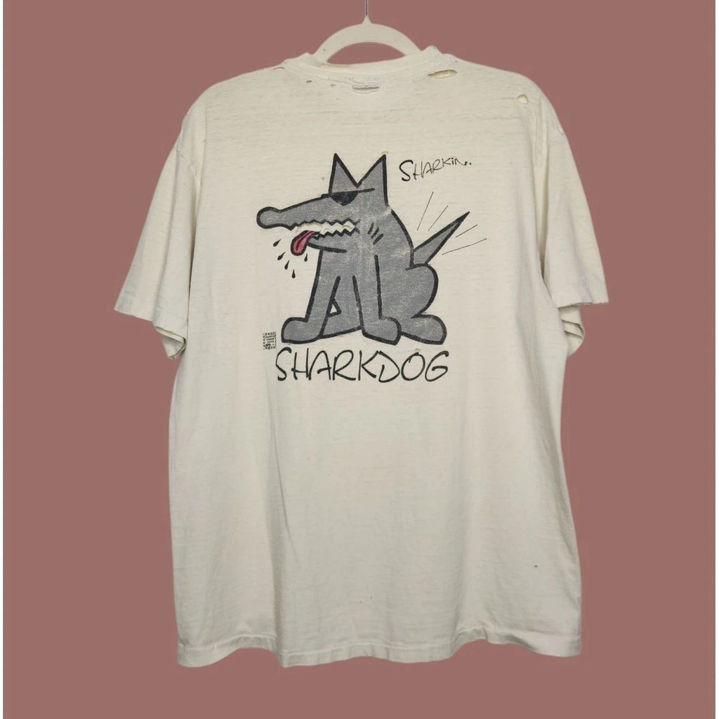 Vintage Sharkdog Surf Surfer Hawaii Double Sided Distressed Grunge Thrashed