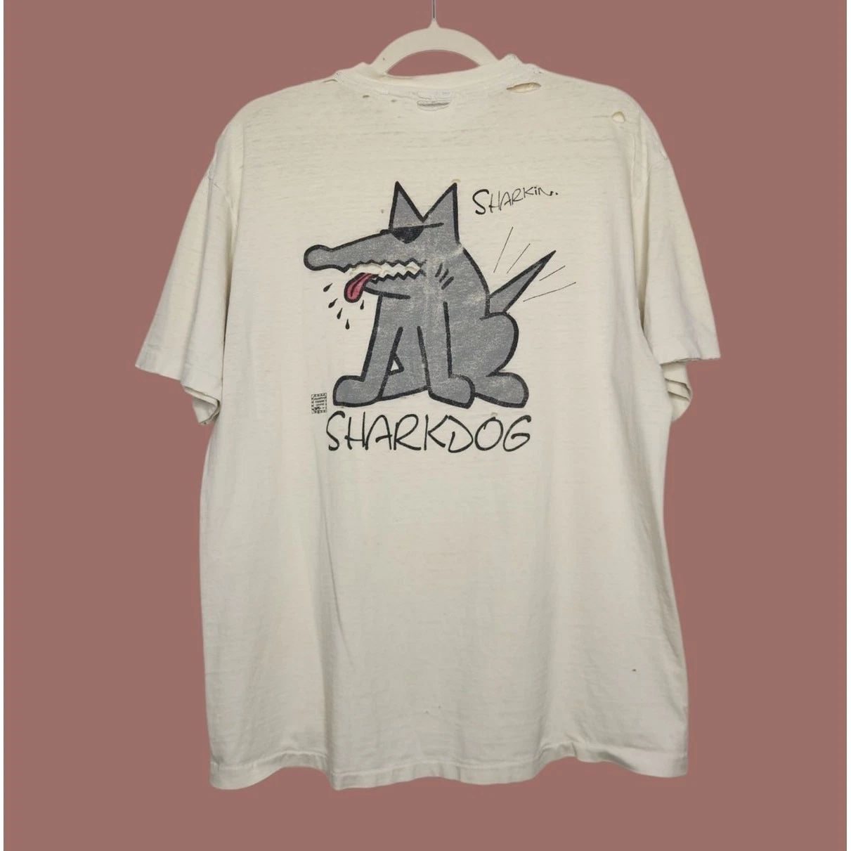 Vintage Sharkdog Surf Surfer Hawaii Double Sided Distressed Grunge Thrashed
