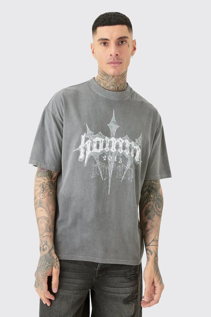 boohooMAN Tall Oversized Homme Cross T-shirt, Style# BMM86826, Size M, Grey