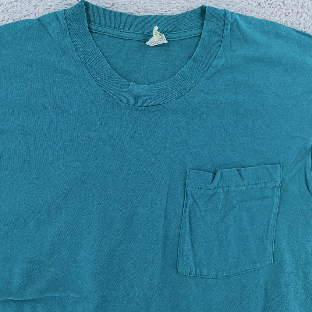 Vintage 90s Blank Teal Fruit of the Loom Pocket T-Shirt Mens Medium Crewneck USA