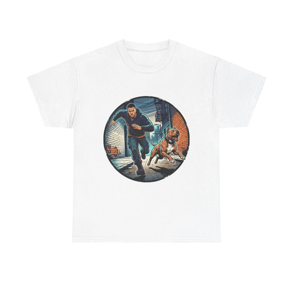 Man & Pitbull Running Urban Street Art T-Shirt Cool Dog & Owner Graphic Tee