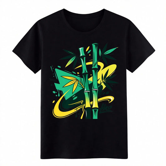 Urban Street Art Bamboo Print T-Shirt, Modern Graffiti Bamboo Graphic Cotton Tee