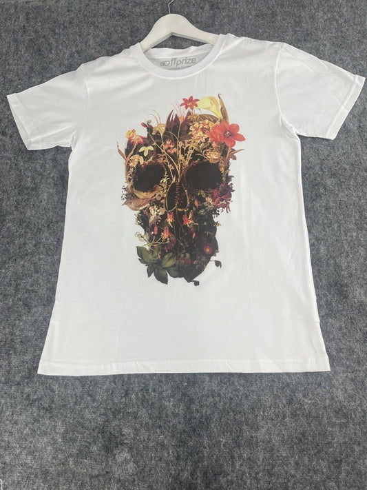 Off Prize Shirt Mens Medium Skull Print Floral Tee White Slim Fit N106