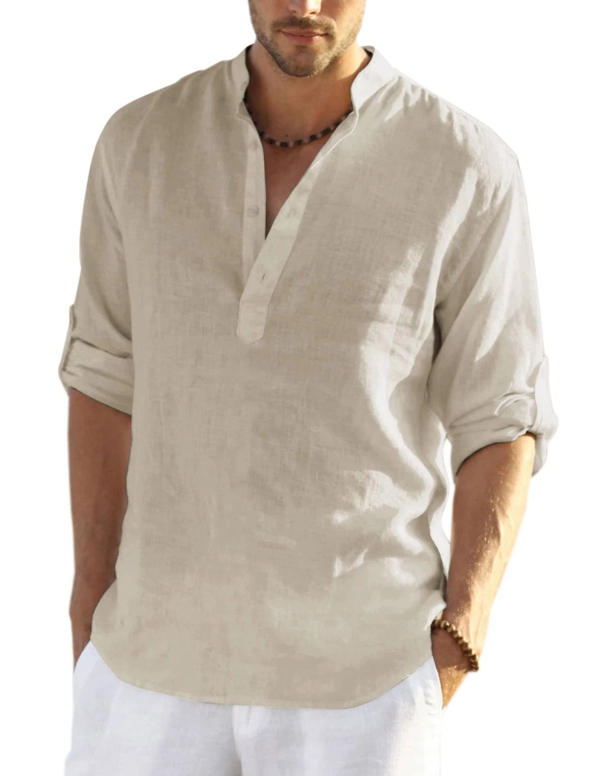 COOFANDY Men's Cotton Linen Henley Long Sleeve T-Shirts Light Khaki, XL
