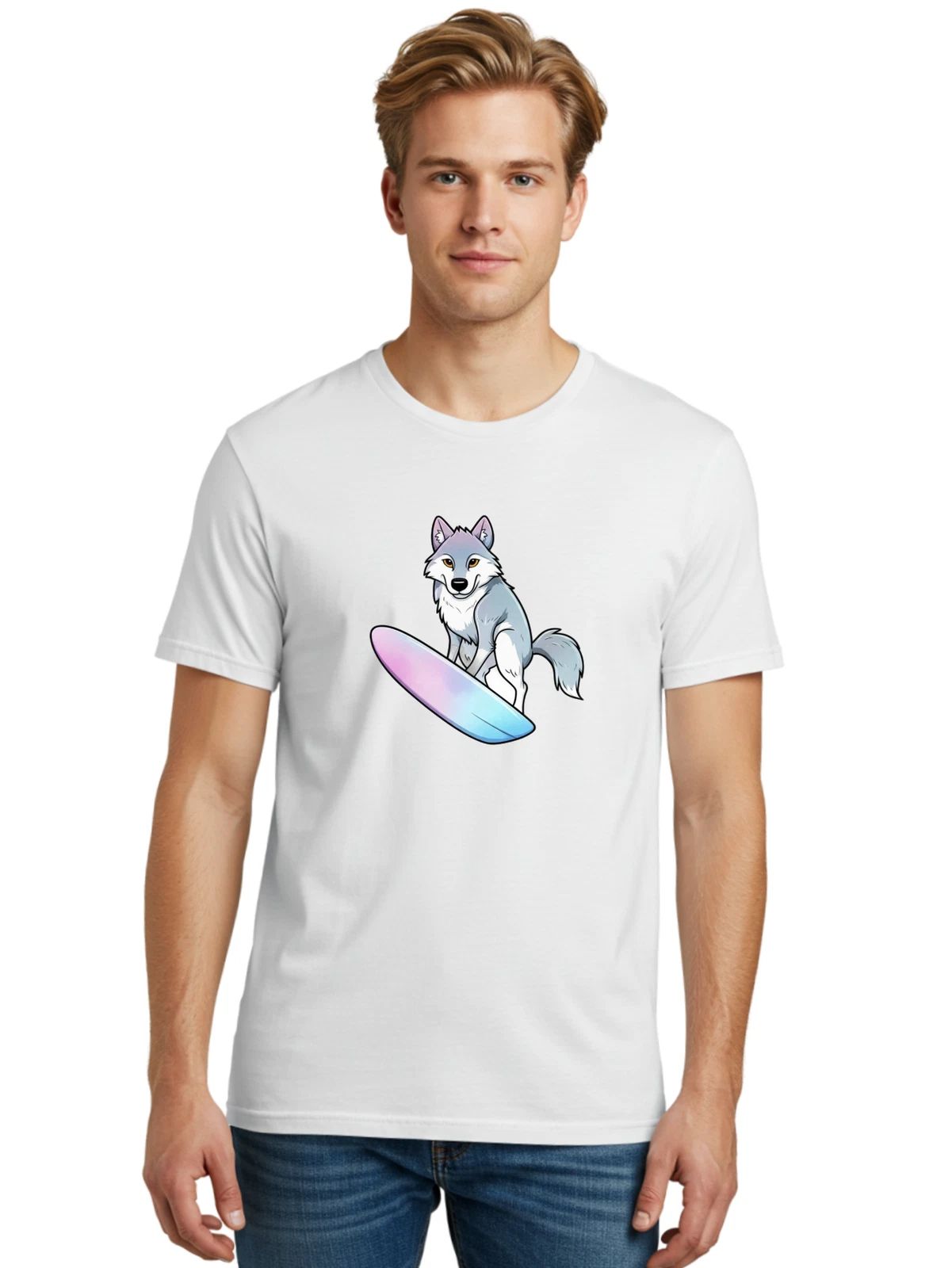 Surfing-Wolf-8 Mens Graphic Tee, 100% Cotton, Casual Summer Wear