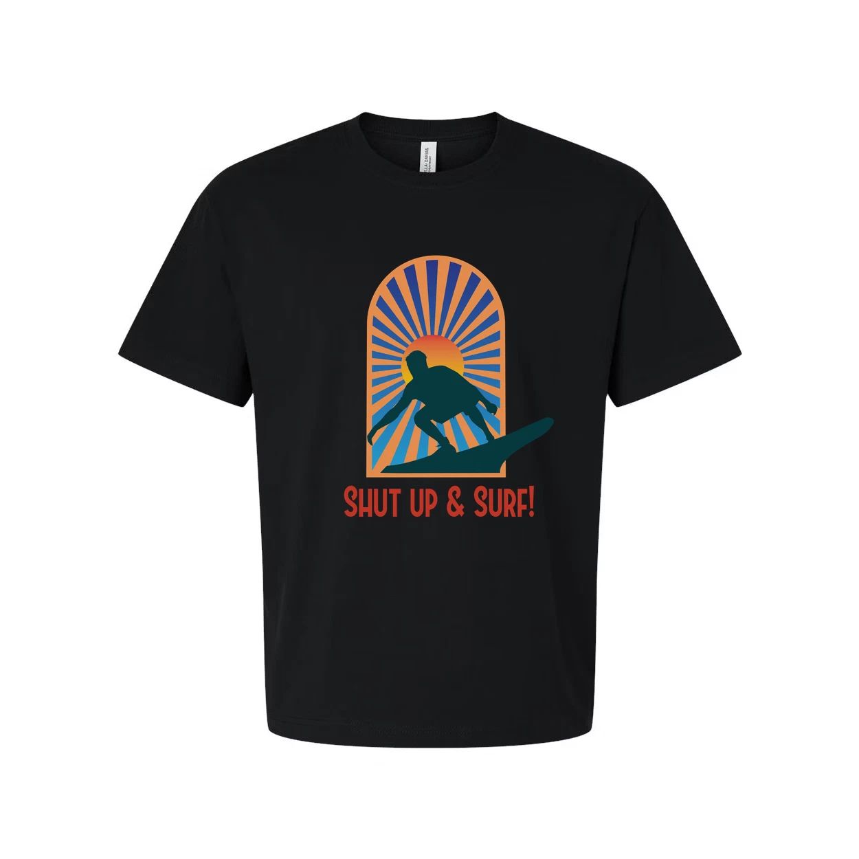 Unisex Surfing Graphic Tee With Sunburst Arch Silhouette Of Surfer And Retro Sty