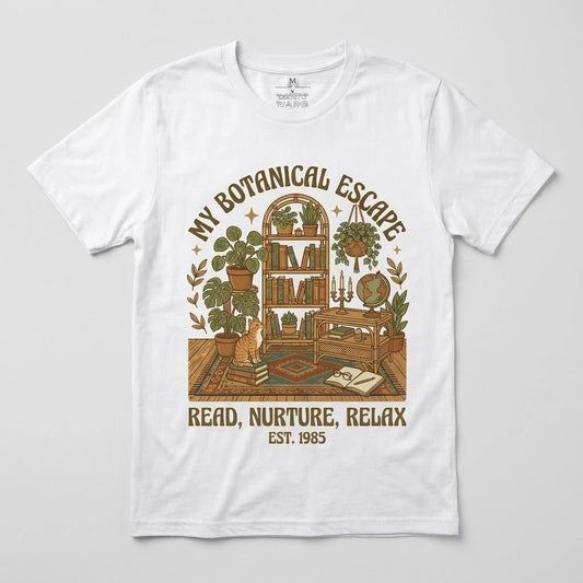 Vintage Botanical Escape T-Shirt Plant Lover Gift Retro Cat Bookish Cottagecore