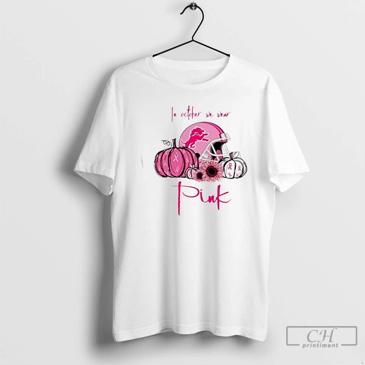 Premium In October We Wear Pink Detroit Lions Football Helmet T Shirts