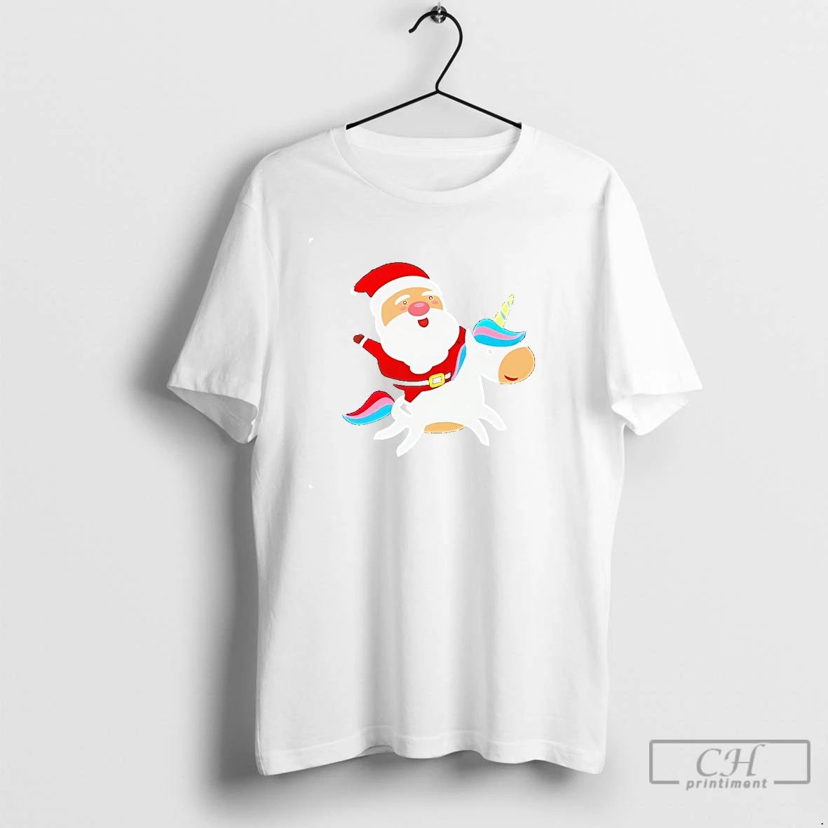 Classic Santa Claus On Unicorn Rainbow Sleigh Ride Christmas T Shirts