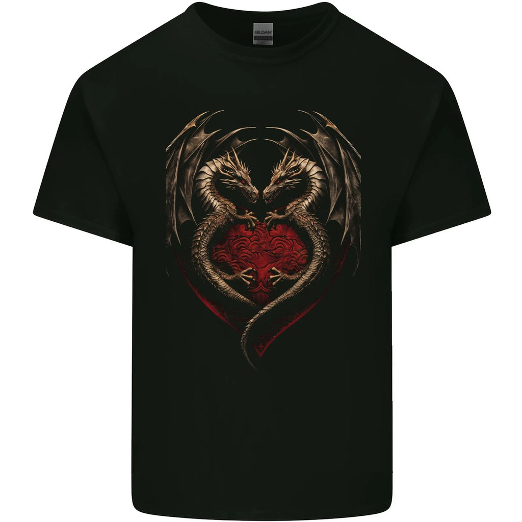 2 Fantasy Dragons in a Heart Shape Gothic Goth Mens Cotton T-Shirt Tee Top