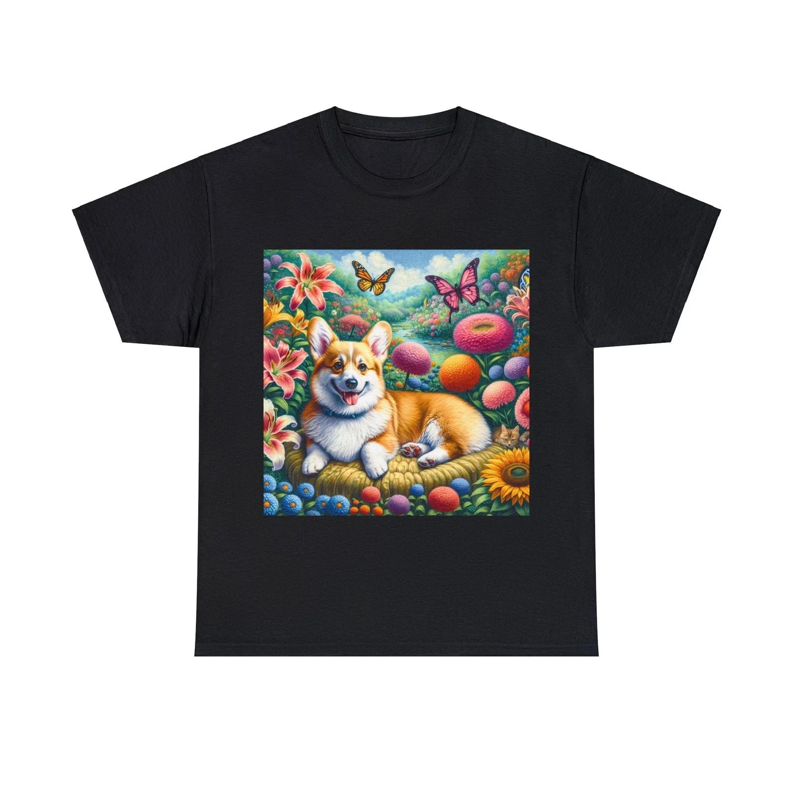 Unisex Adult T Shirt Corgi Floral Garden Butterfly Cute Puppy Tee Dog Lover