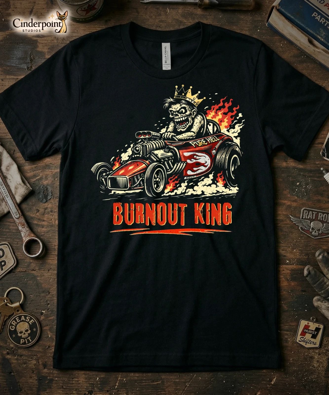 Burnout King Lowbrow Zombie T-Shirt Retro Drag Race Graphic Tee Rat Rod XS-5X