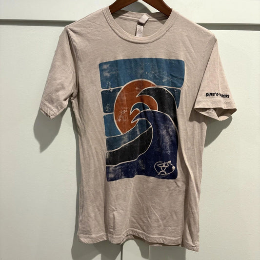 Duke's Waikiki Shirt Mens Small Tan Retro Surf Wave Graphic Tee Hawaii Beach