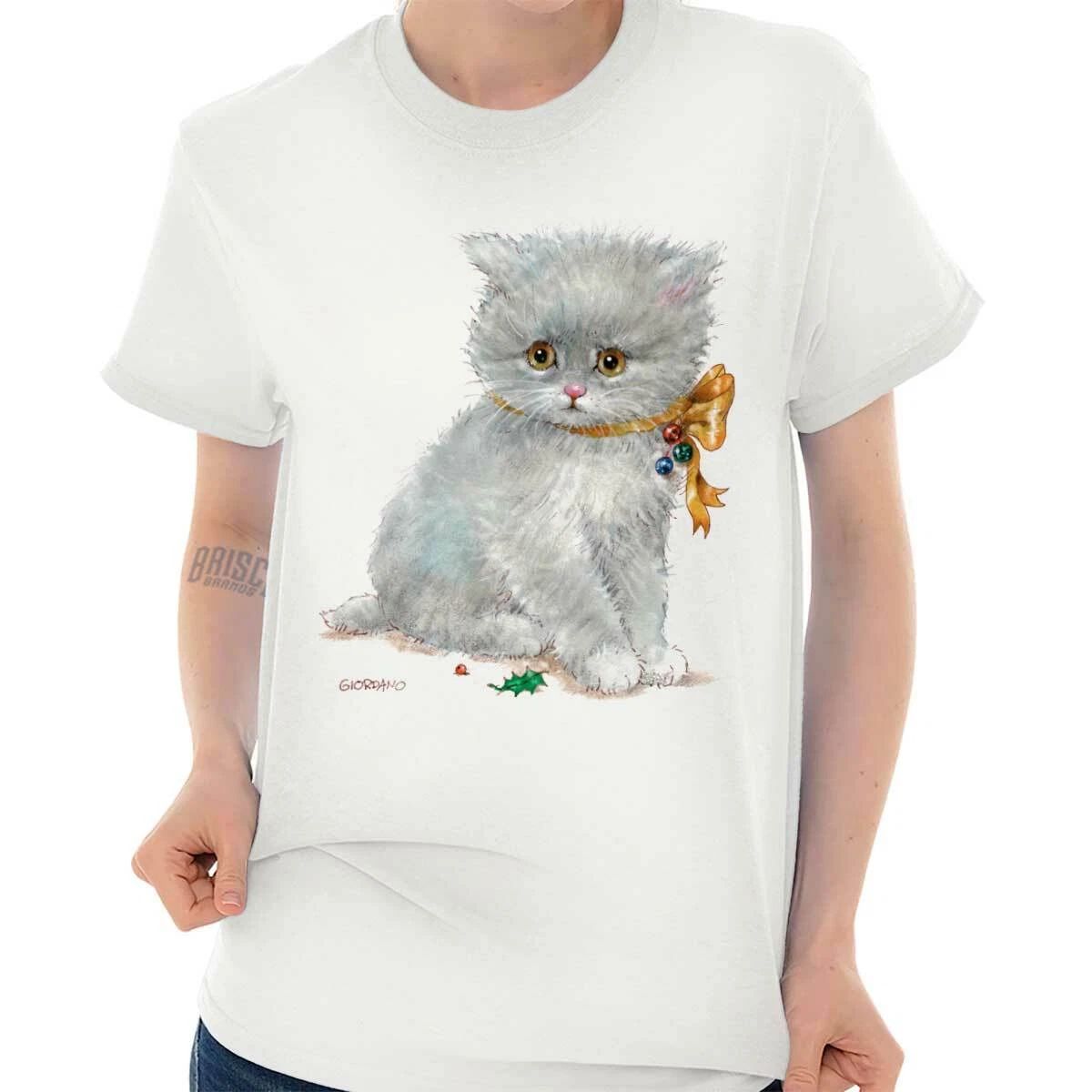 Cute Vintage Christmas Kitten Bow Bells Xmas Womens Graphic Crewneck T Shirt Tee