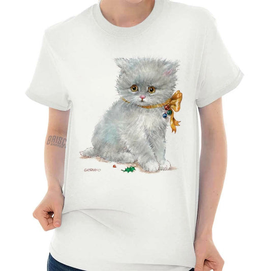 Cute Vintage Christmas Kitten Bow Bells Xmas Womens Graphic Crewneck T Shirt Tee