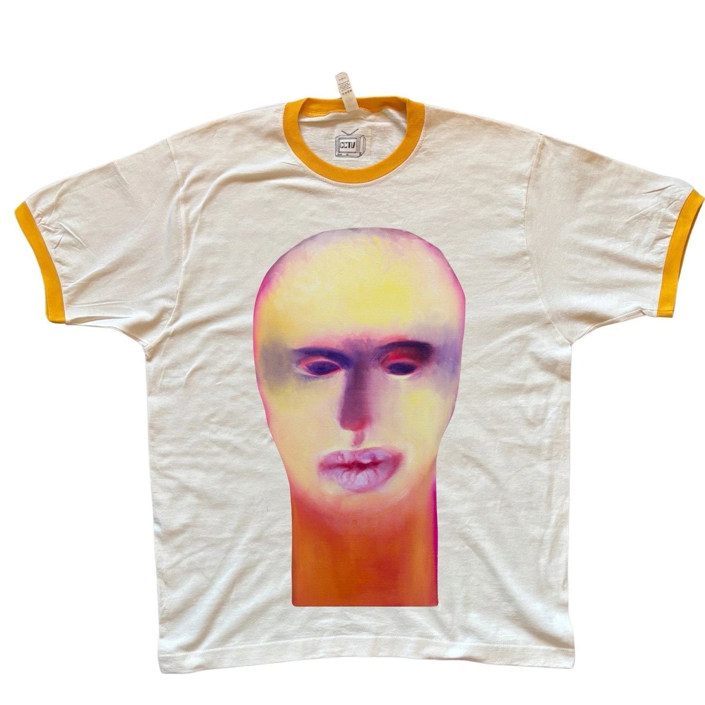 HUMANOID PORTRAIT NO. 26 retro ringer t shirt | yellow red black indigo cream