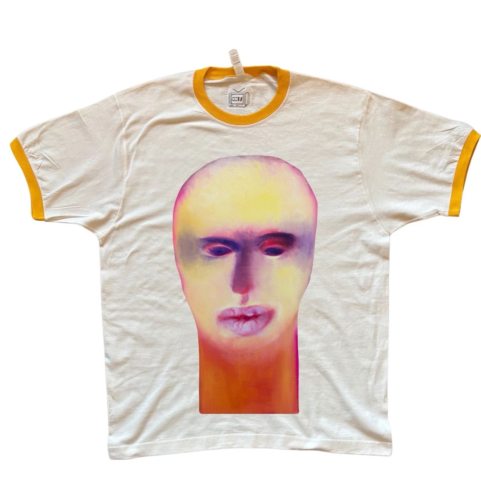 HUMANOID PORTRAIT NO. 26 retro ringer t shirt | yellow red black indigo cream