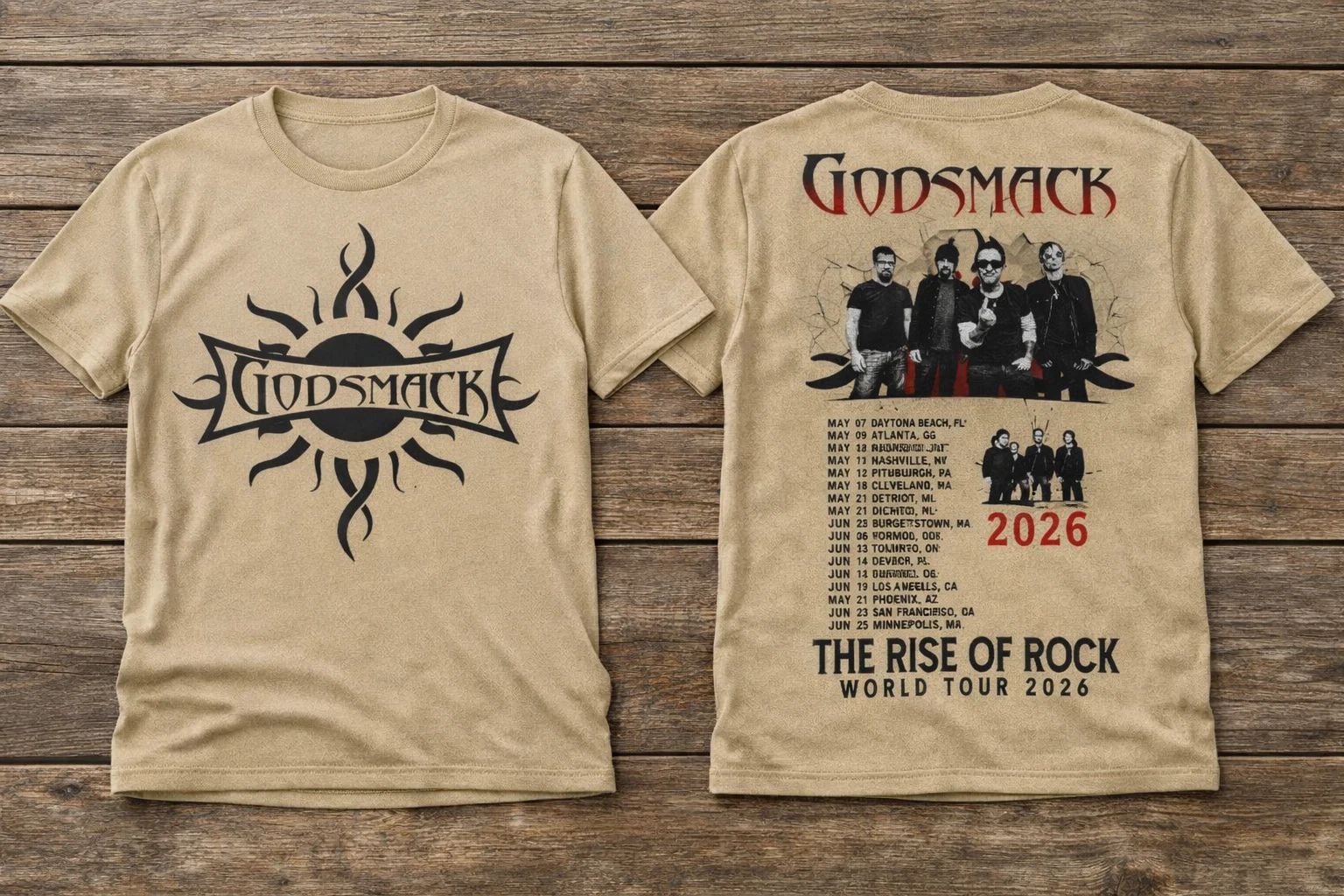 Godsmack's The Rise of Rock Tour 2026 Sand Or Natural T-Shirt Full size S-5XL