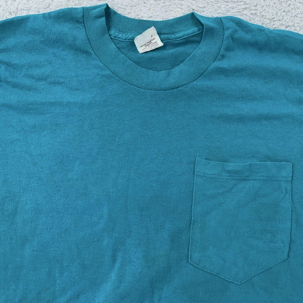 Vintage 90s Blank Pocket Shirt Mens XS Teal Blue Made in USA 50/50 Crewneck Tee